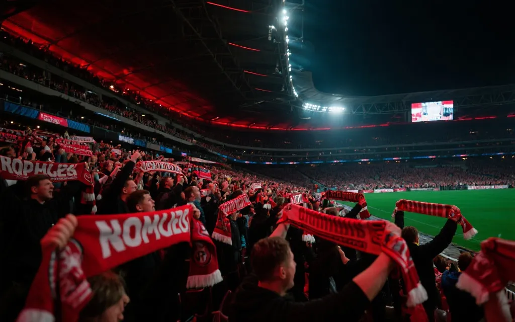 球场看台合唱与挥舞围巾的集体助威场景