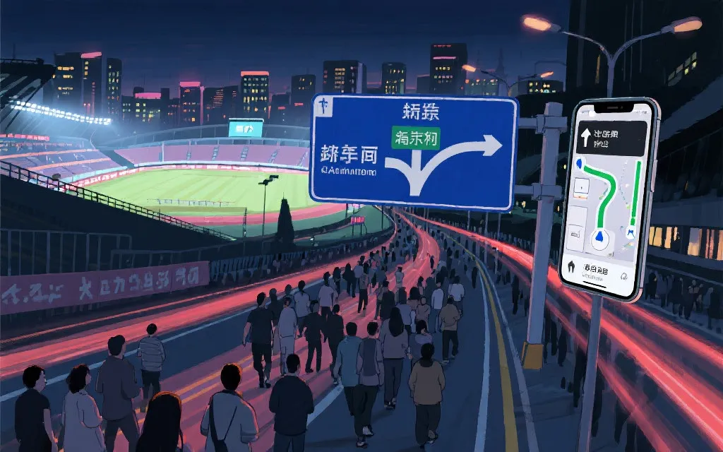 球场周边车流分流与导航提示的场景：手机导航界面与道路指示牌