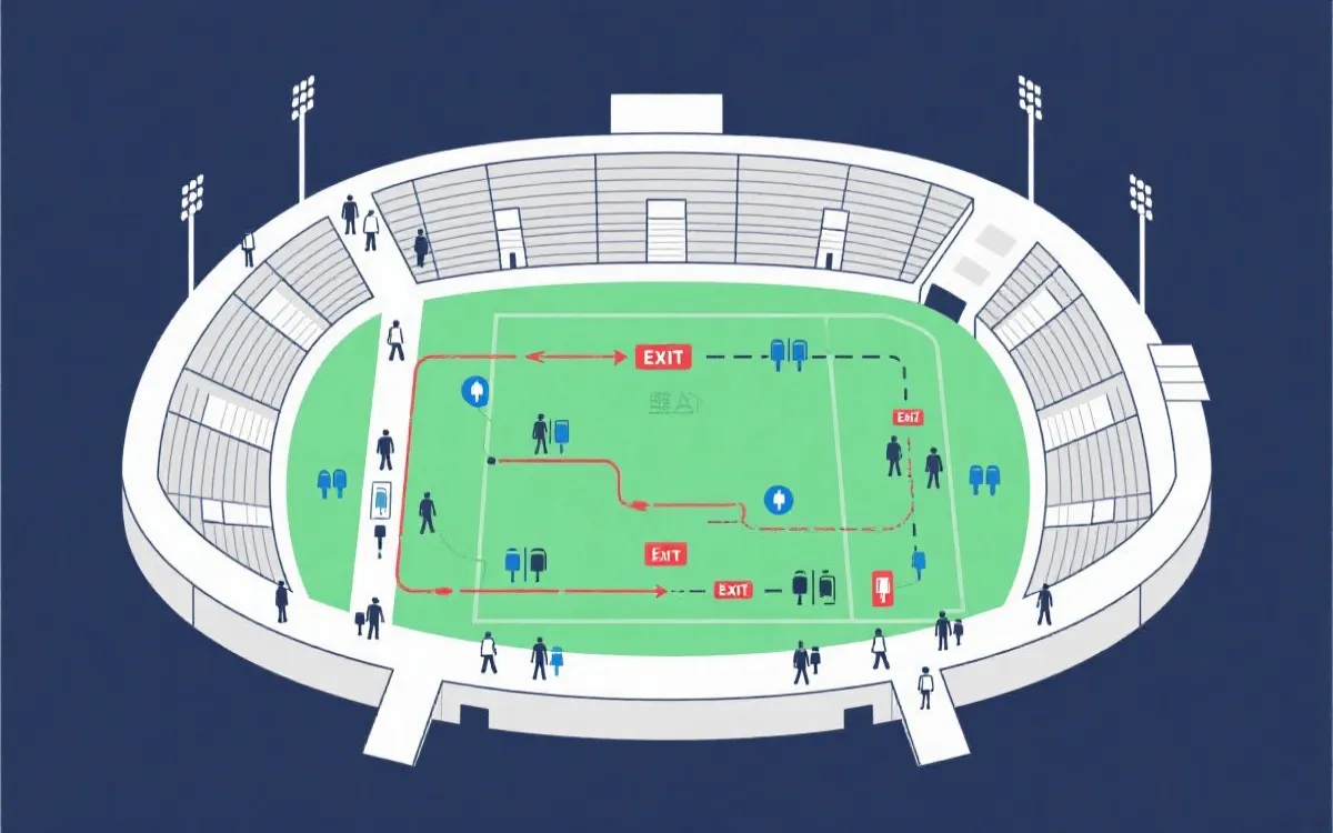 比赛日观众从看台通道与环廊离场的动线示意，强调排队与出口选择