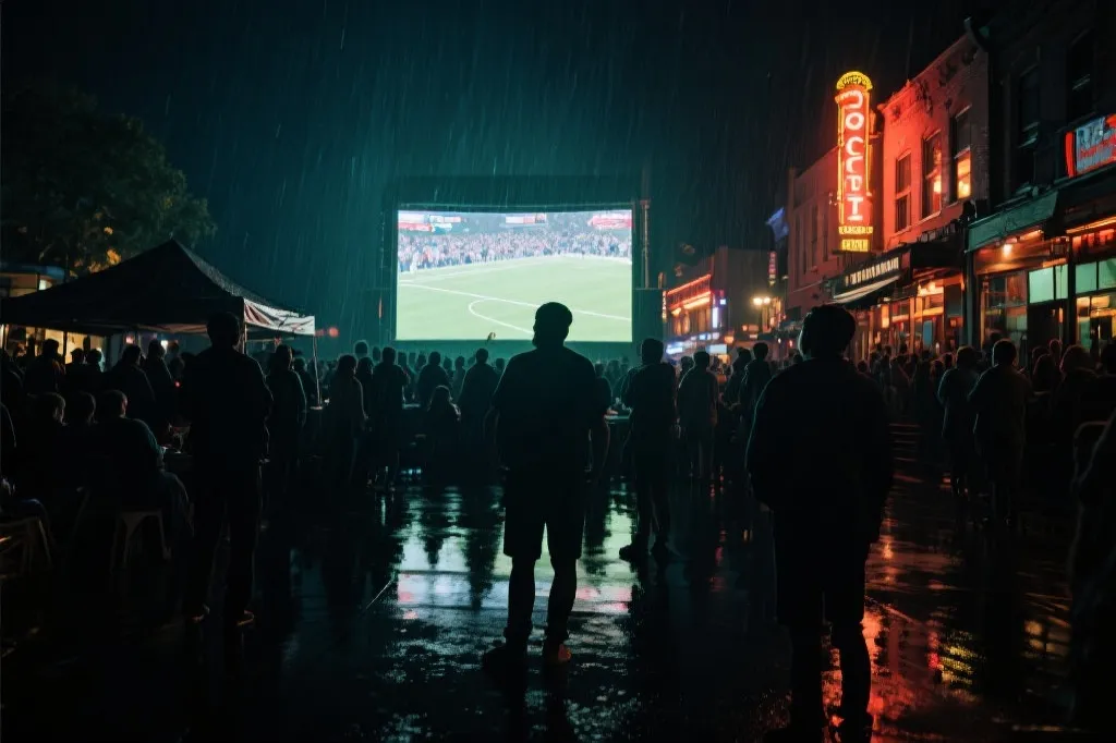 酒吧或广场的观赛场景：人群在大屏幕前等待开球