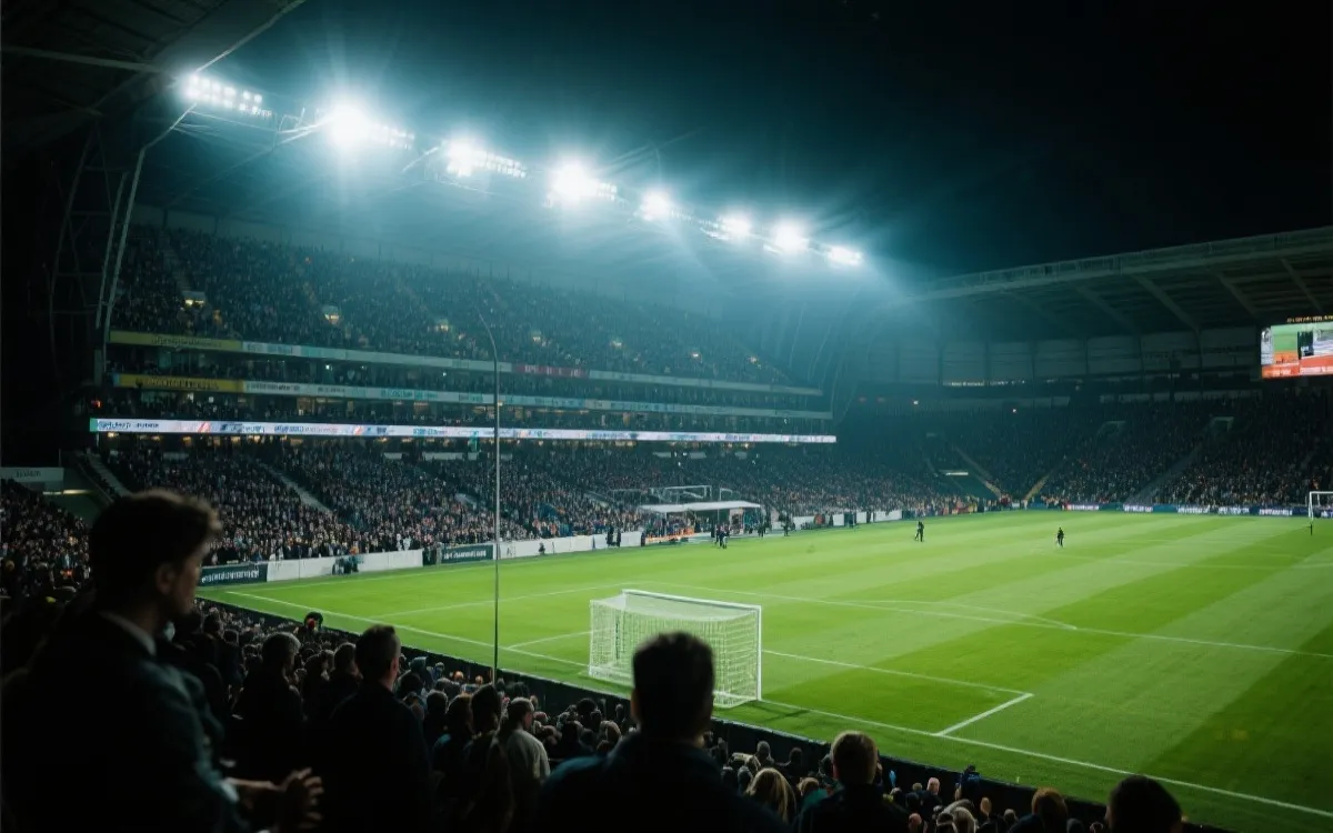 夜晚球场灯光下的世界杯比赛氛围与观众看台